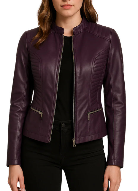 Women Slim Fit Biker Purple Leather Jacket