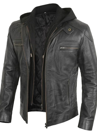 Mens Black Hooded Bker Leather Jacket With Removable Hood