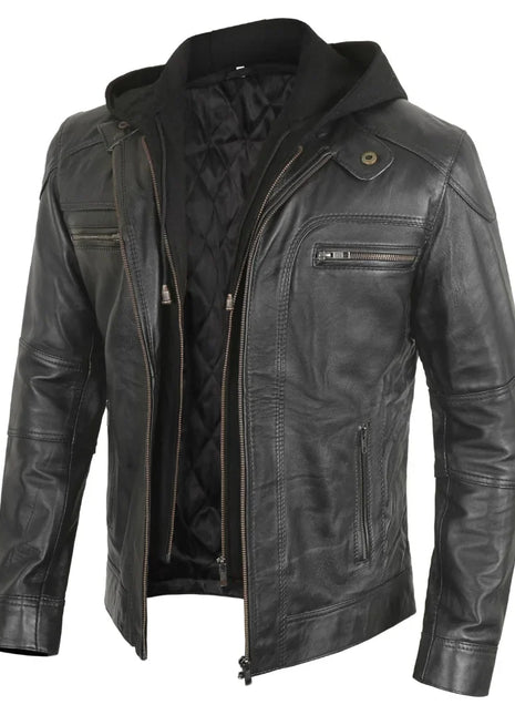 Mens Black Hooded Bker Leather Jacket With Removable Hood