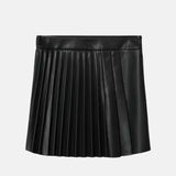 Women's Leather Mini Black Pleated Skirt