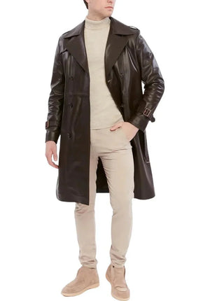 Men's Double Breasted Brown Trench Leather Coat