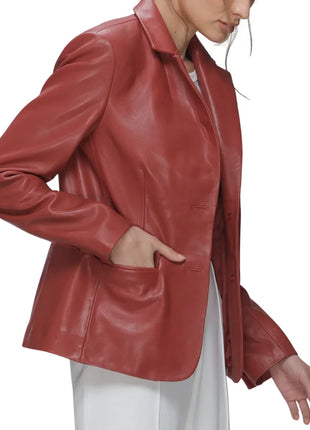 Modern Notch Lapel Red Leather Blazer Ladies