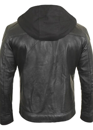 Mens Black Hooded Bker Leather Jacket With Removable Hood