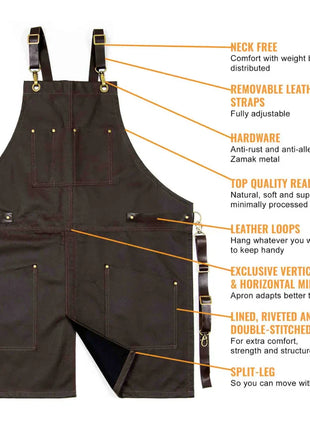 Bar Apron Leather with Pockets, Crossback Straps and Split-Leg Design