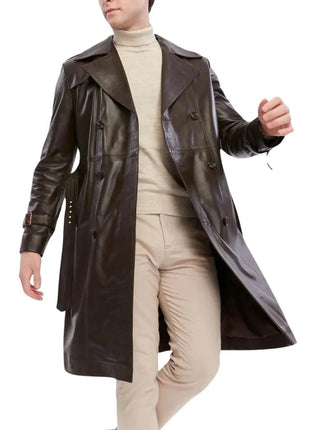 Men's Double Breasted Brown Trench Leather Coat