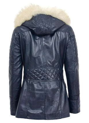 Women’s Blue Sheepskin Leather Duffle Coat with Removable Sherpa Hood