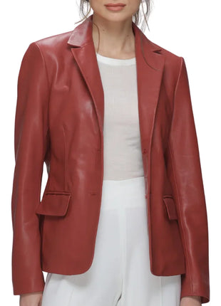 Modern Notch Lapel Red Leather Blazer Ladies