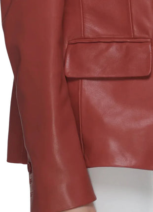 Modern Notch Lapel Red Leather Blazer Ladies