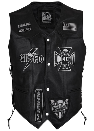 Black leather vest with various patches and branding 