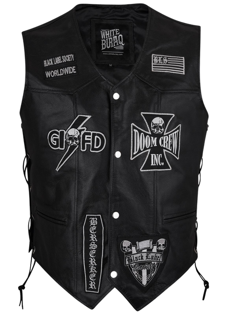 Black leather vest with various patches and branding 