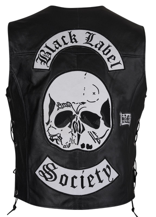 Black leather vest with skull design and 'Black Label Society' branding 