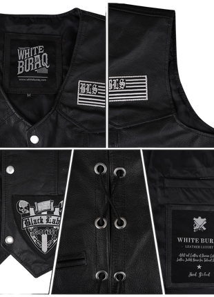 Black leather vest with various logos and text 