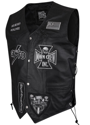 Black leather vest with various patches 