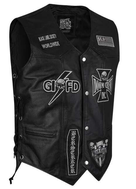 Black leather vest with various patches and branding 