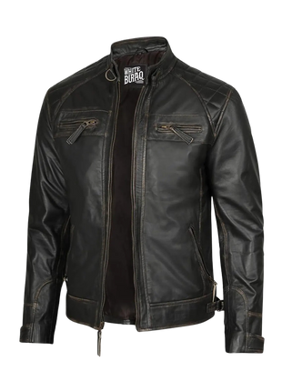Black leather jacket with visible branding 