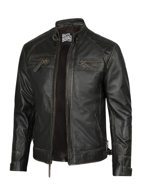 Black leather jacket with visible branding 