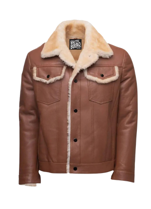 Brown leather jacket with beige fur collar and interior 