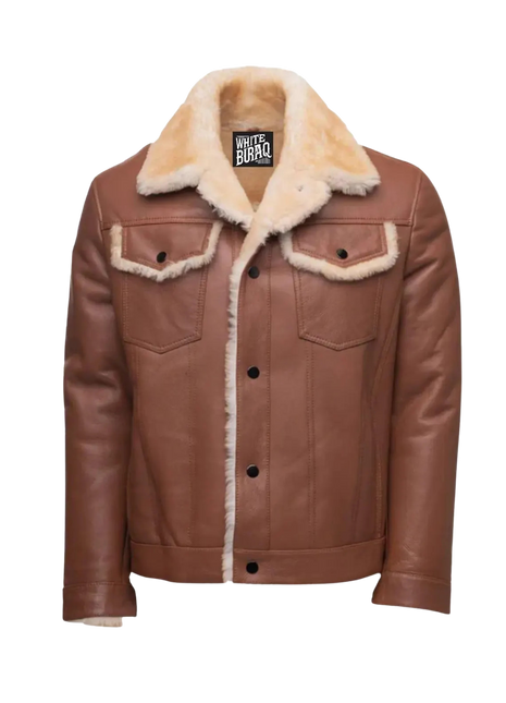 Brown leather jacket with beige fur collar and interior 