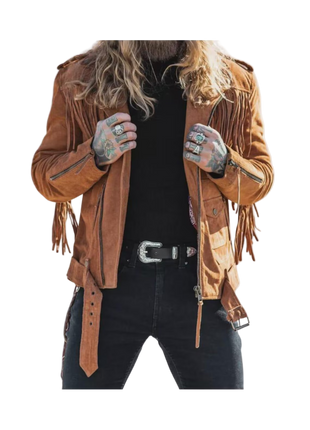 Person wearing a brown fringed leather jacket