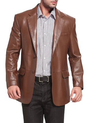 Mens Notched Lapel Two Button Brown Leather Blazer
