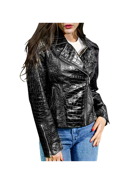 Black crocodile-patterned leather jacket worn by a person 
