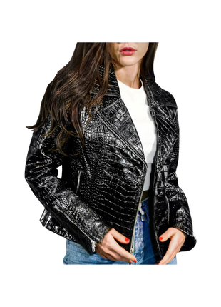 Black crocodile-patterned leather jacket worn by a person 