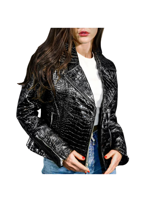 Black crocodile-patterned leather jacket worn by a person 