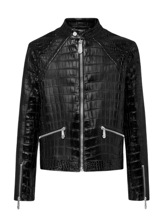 Black crocodile-patterned leather jacket 
