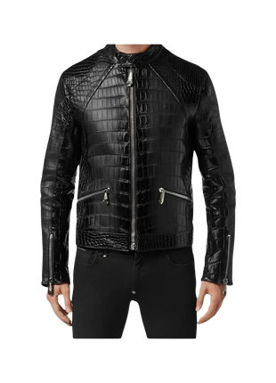 Black crocodile-patterned leather jacket 