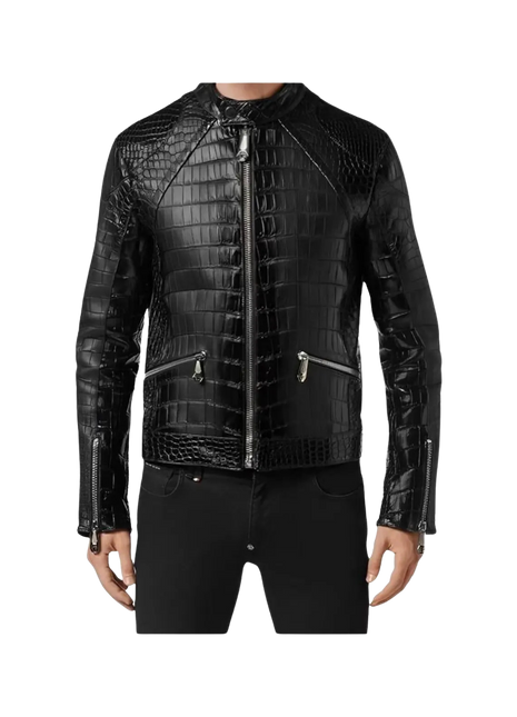 Black crocodile-patterned leather jacket 