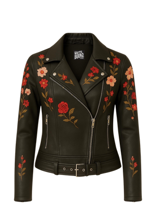 Black leather jacket with floral embroidery 