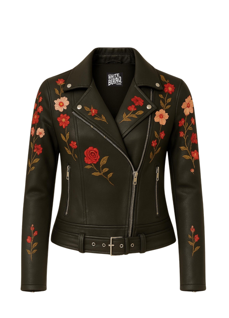Black leather jacket with floral embroidery 