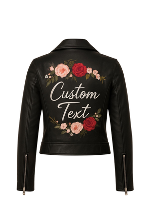 Black leather jacket with floral designs and 'Custom Text' 