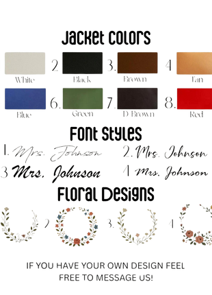 Color swatches for jacket colors, font styles, and floral designs 
