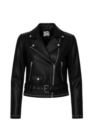Black leather jacket with studded details on a light 