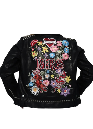Black leather jacket with colorful embroidery and 'MRS' text 