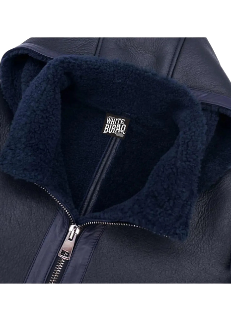 Navy blue jacket with a visible brand logo on the collar against 