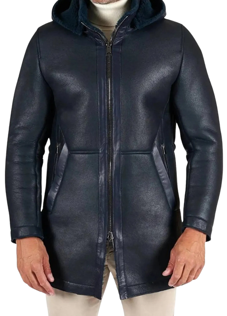 Blue leather Jacket with a hood