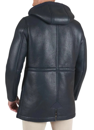 Black leather coat with a hood