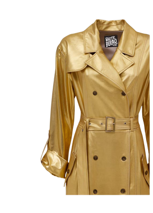 Gold trench coat with a brand label 