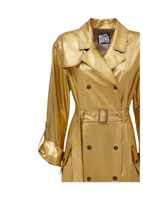 Gold trench coat with a brand label 