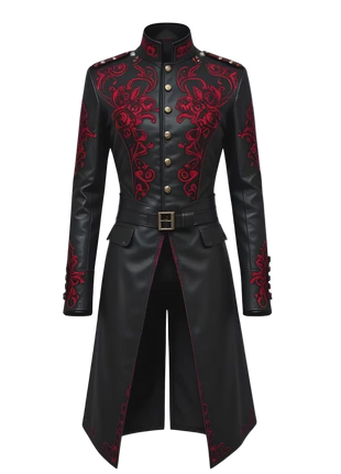 Black leather coat with red embroidery 