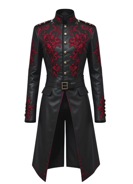 Black leather coat with red embroidery 
