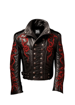 Black leather jacket with red patterns and 'White Buraq Leather Company' branding
