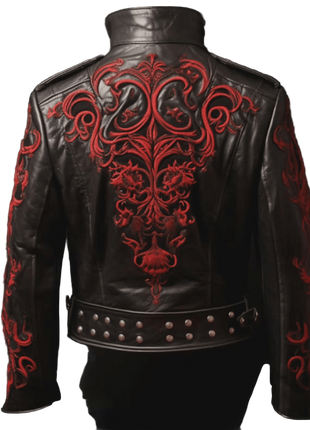 Black leather jacket with red intricate patterns 