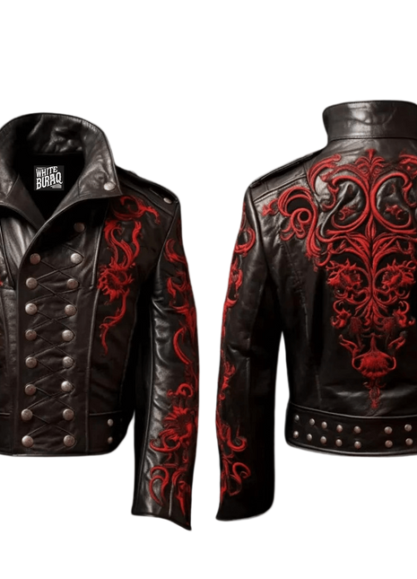Black leather jacket with red designs featuring 'White Buraq Leather Company' branding.