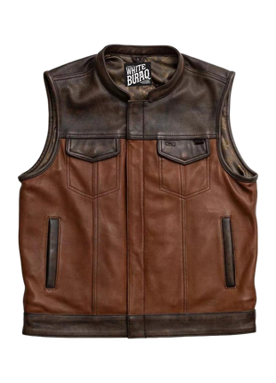 Brown leather vest with black accents 
