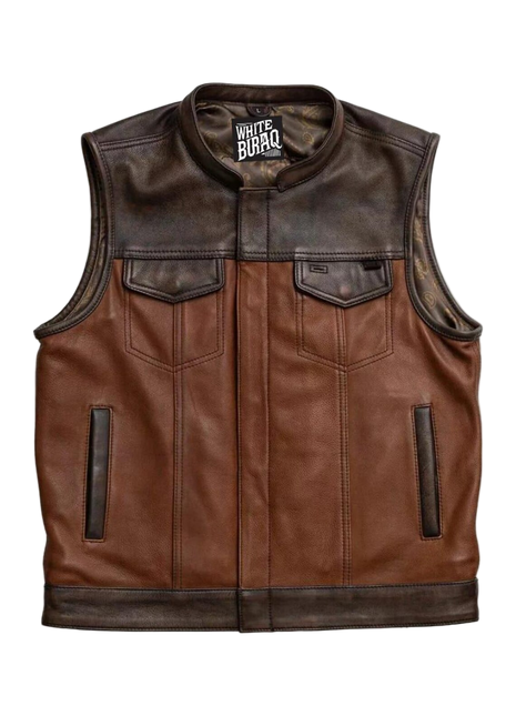 Brown leather vest with black accents 