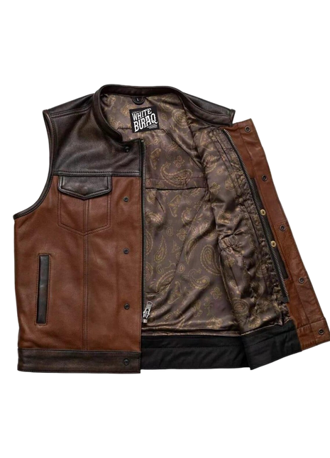 Brown leather vest with paisley pattern lining 