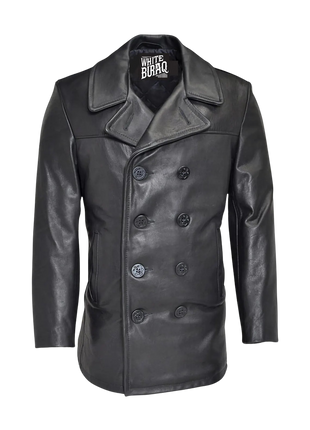 Black leather coat with brand logo 